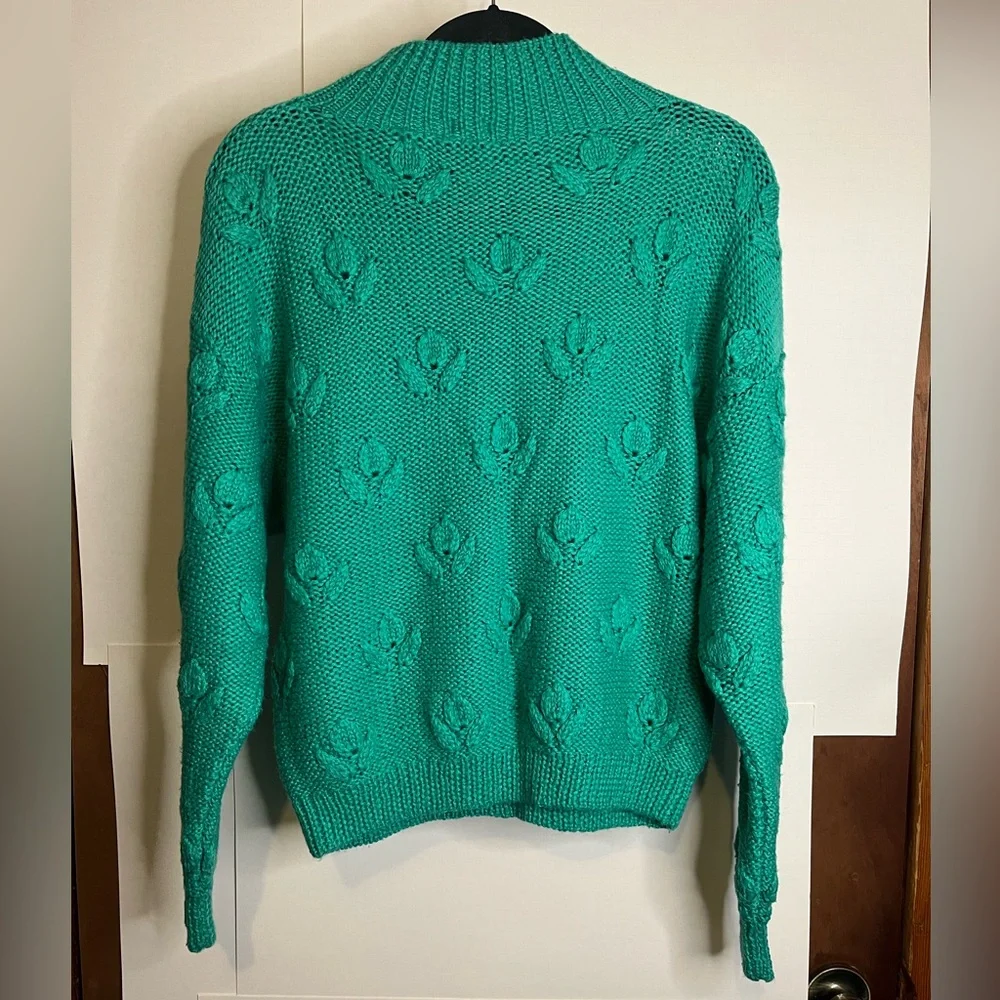 DD Sloane Women’s (VTG L) Teal Wool Blend Knit Pullover Sweater Floral Motif 80s